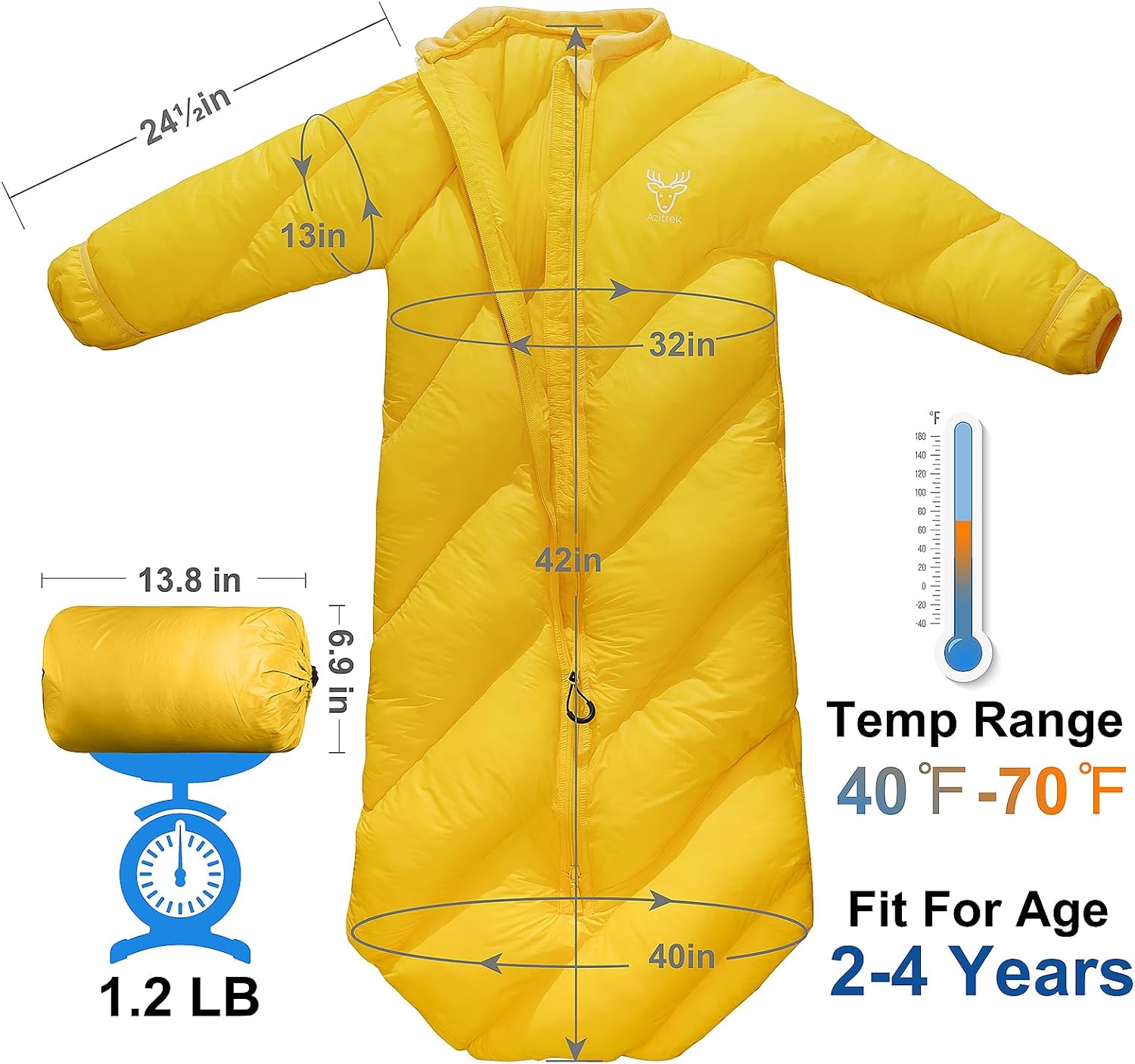 T40 Toddler Sleeping Bags Boys Girls | Ages 2-4 | Puffy Kids Sleeping Bag Camping Sleepovers |up to 46 in| Lightweight Compact Comfort for Indoor Outdoor Machine Washable (Yellow)