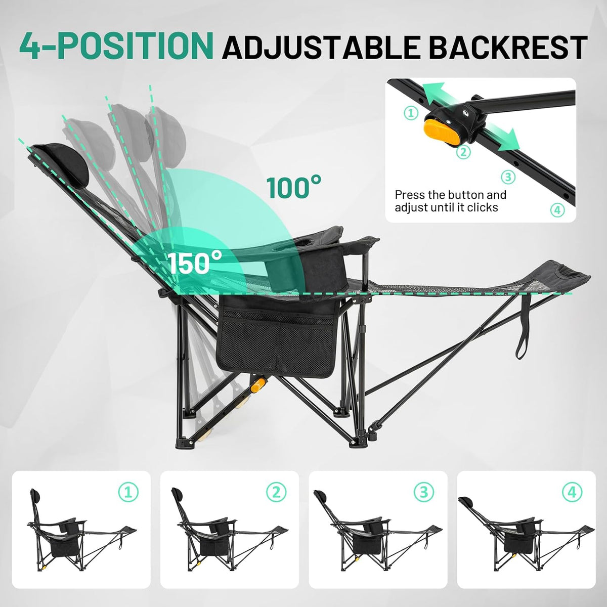 Overmont Reclining Camping Chair with Footrest - 4-Position Adjustable