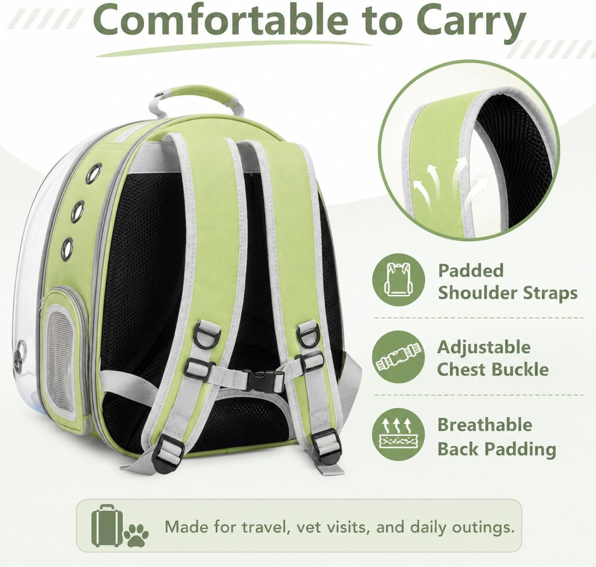 Expandable Cat Carrier Backpack with Bubble Window and Mesh, Light Green
