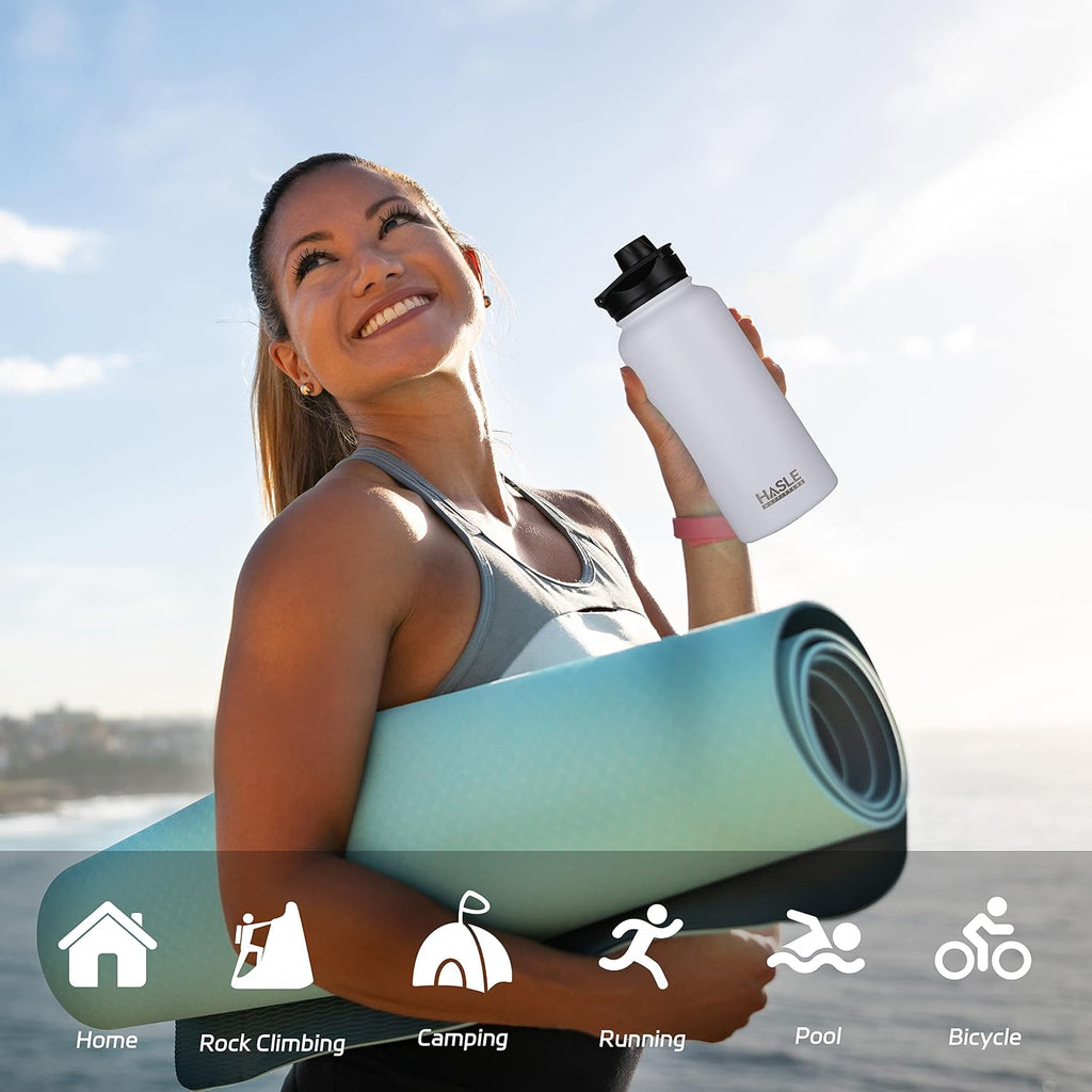 HASLE OUTFITTERS 32 oz Insulated Water Bottle Stainless Steel Double Walled Vacuum Sports Water Bottle with 2 Lids (Straw and Spout Lid) for Gym Camping Hiking(White,4)