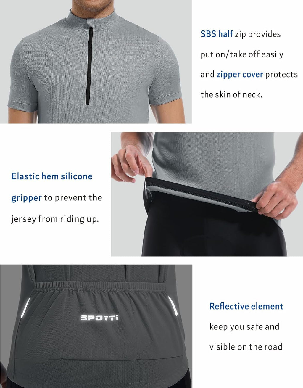 Spotti Men's Cycling Jersey Short Sleeve Half-Zip Bike Shirt, 4 Pockets