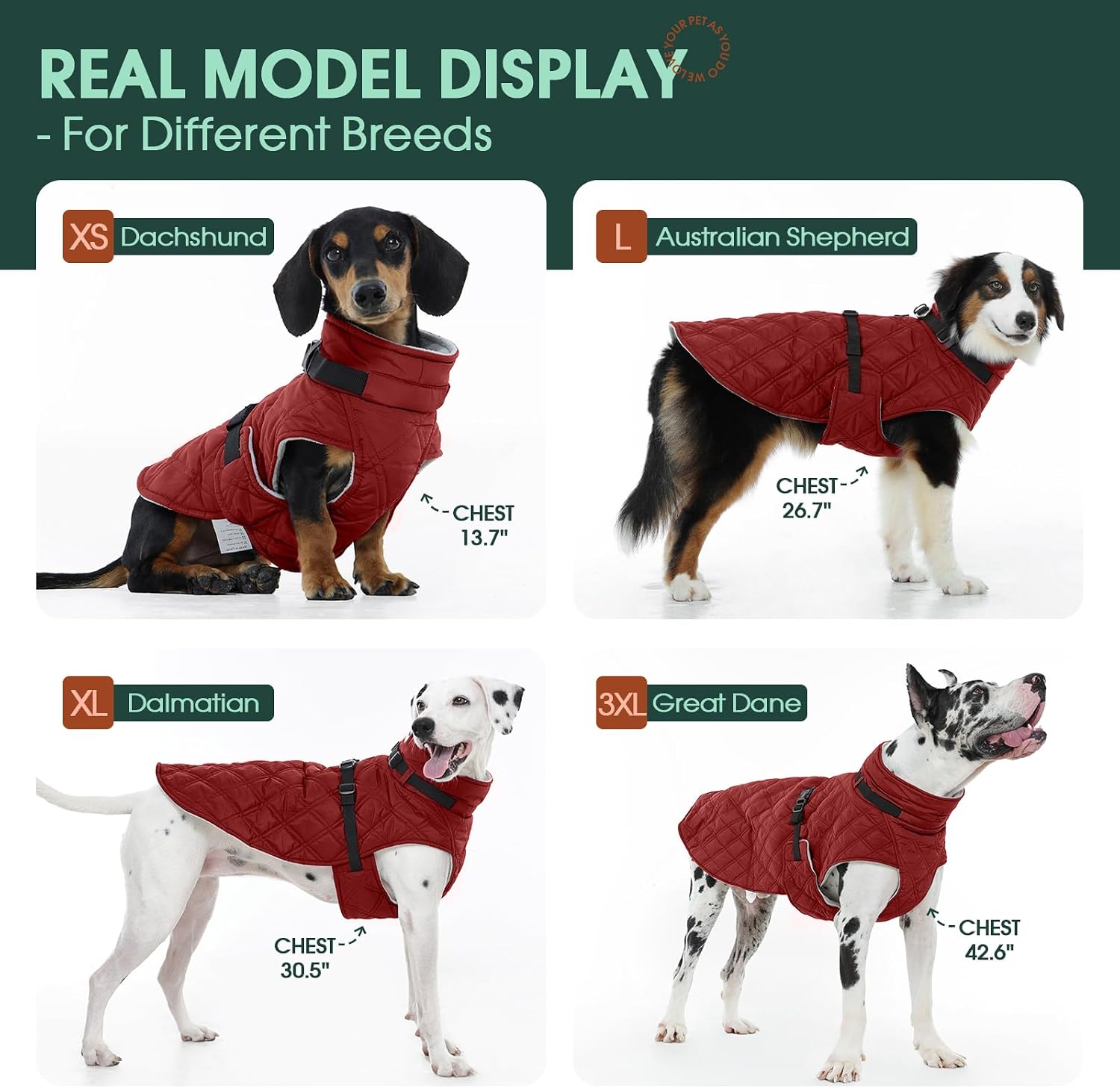 Kuoser Dog Coat Warm Fleece Lining Turtleneck Dog Jacket with Harness Built-in, Adjustable Windproof Cold Weather Coats with Quick Release Buckle Pet Winter Snowsuit for Medium Large Dogs, Red L