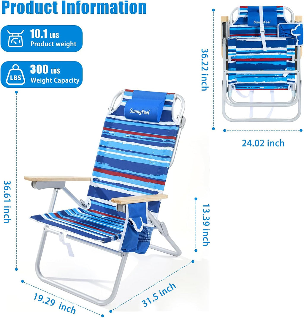 SUNNYFEEL Tall Beach Chair, Reclining Beach Chair with 5-Position, Portable Camping Chair for Adults with Wood Armrest, Lightweight Camping Chair 300 lbs Heavy Duty, Blue Stripe, 2 Pack