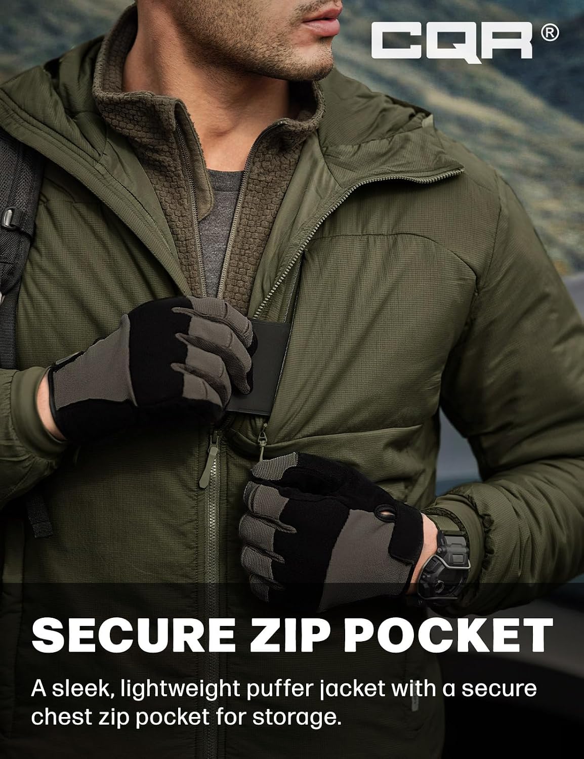 CQR Men's Lightweight Warm Insulated Jacket, Windproof Water Resistant Winter Active Coat for Hiking Work Outdoor Tactical