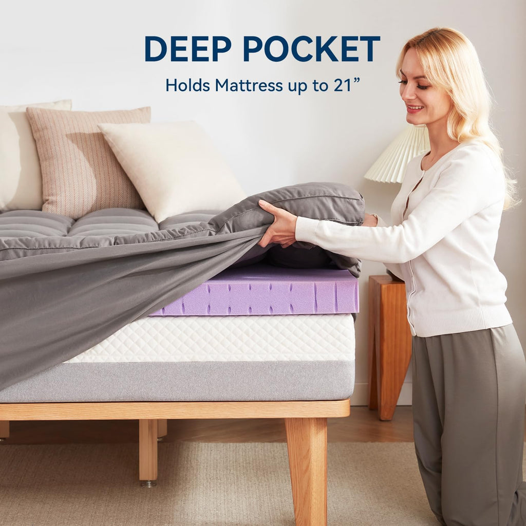 BDEUS Dual Layer 5 Inch Memory Foam Mattress Topper Queen Size, 2 Inch Gel Memory Foam Plus 3 Inch 1450 GSM Down Alternative Quilted Pillow Top Mattress Pad Cover,Dark Gray