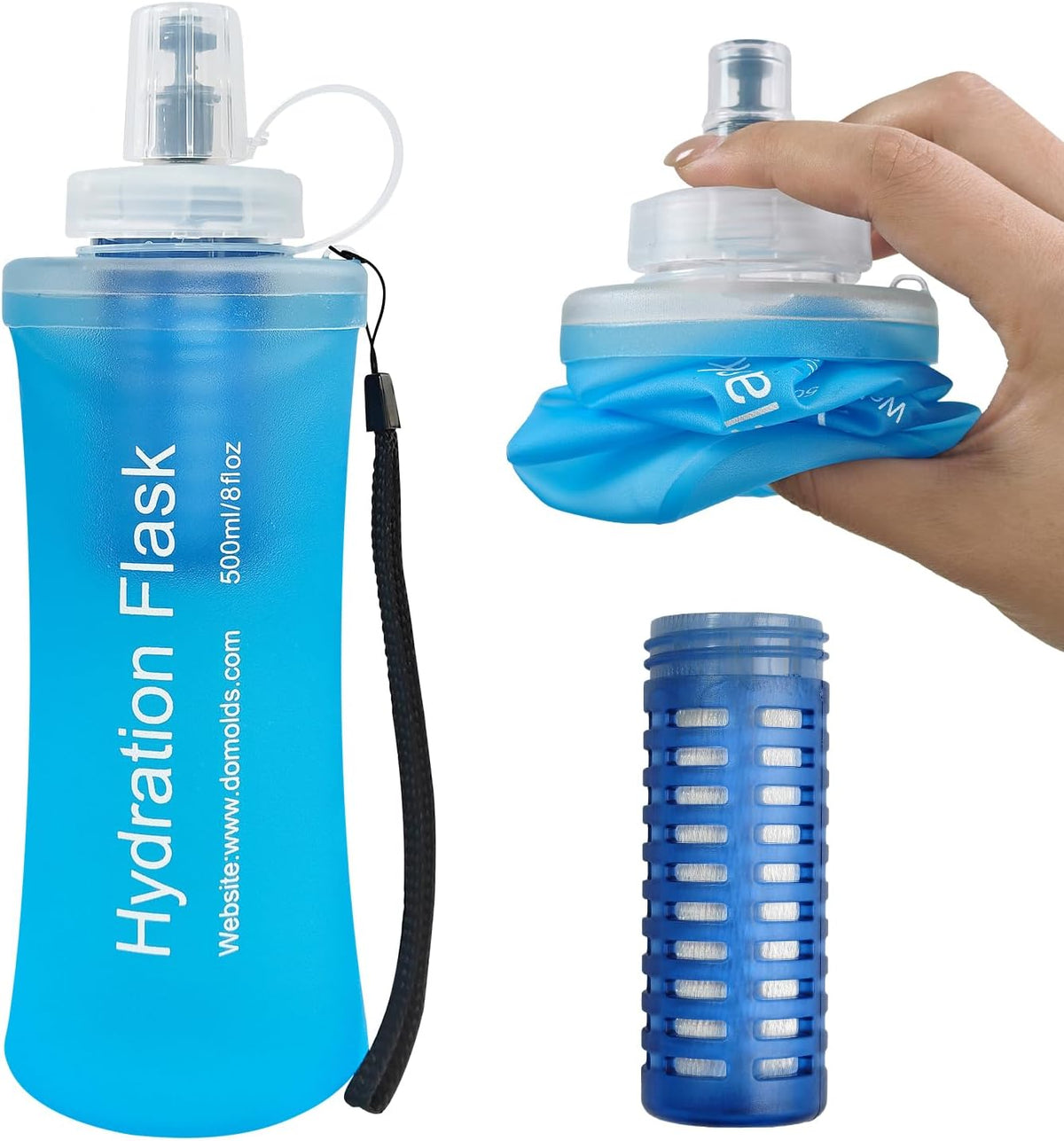 500ml Collapsible Water Bottle with Filter for Hiking Backpacking(Blue)