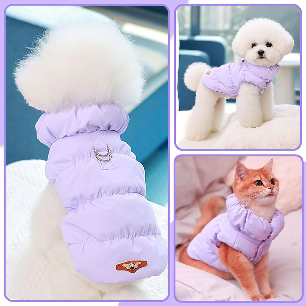 ABRRLO Winter Warm Dog Jacket for Small Medium Dogs Cat Cold Weather Coats with Harness Paded Dog Fleece Vest Waterproof Windproof Dogs Snow Jacket Pet Puppy Clothes (Purple,L)