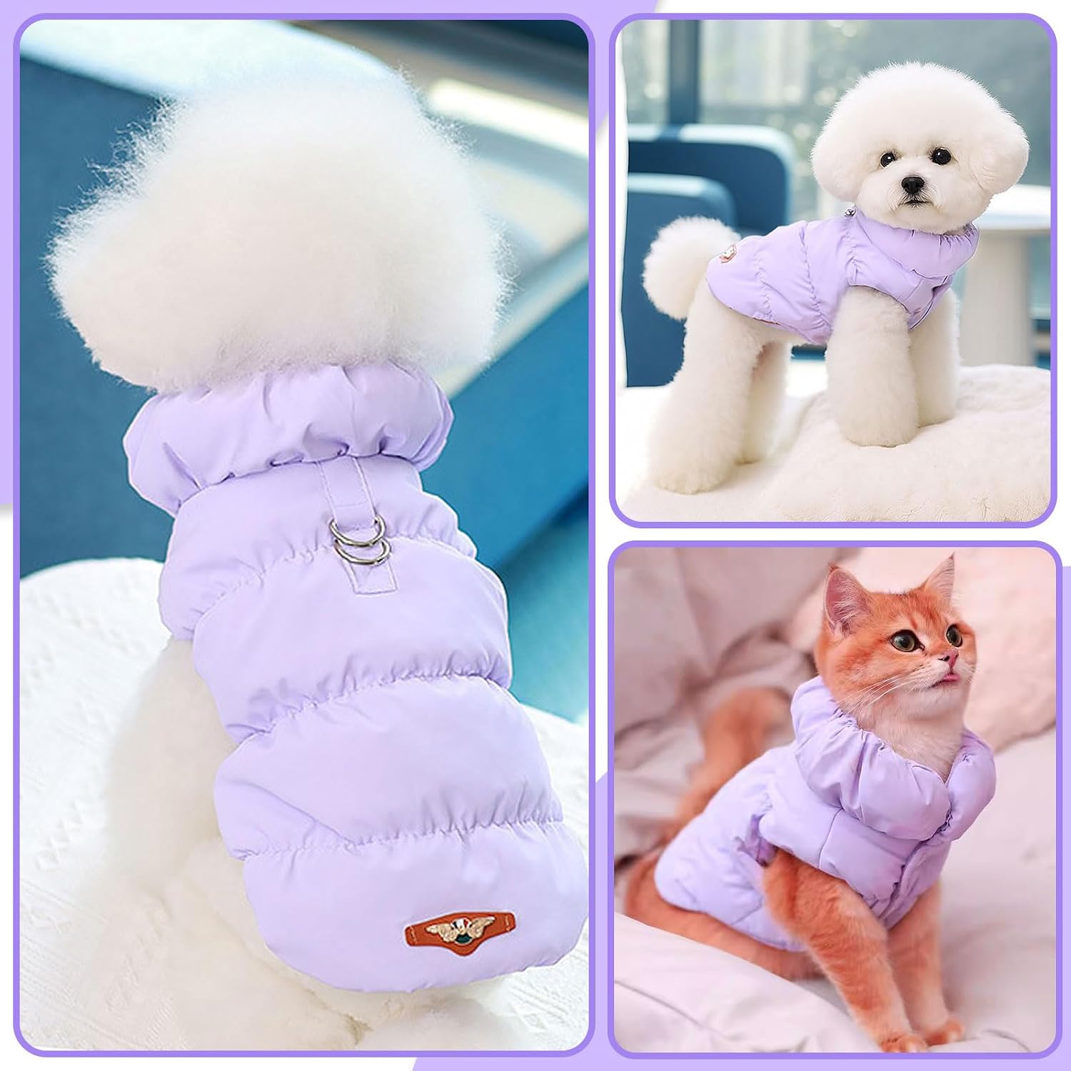 ABRRLO Winter Warm Dog Jacket for Small Medium Dogs Cat Cold Weather Coats with Harness Paded Dog Fleece Vest Waterproof Windproof Dogs Snow Jacket Pet Puppy Clothes (Purple,L)