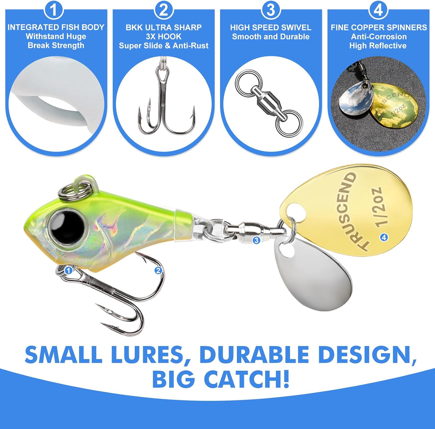 TRUSCEND Swim or Jig Fishing Spinner Baits for Freshwater and Saltwater, Rooster Tail Fishing Lures for Trout Bass Walleye Crappie Salmon Pike, Blade Bait with Copper Blade