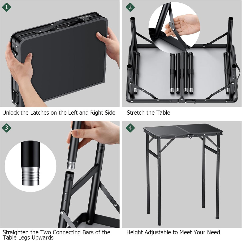 JiGiU Folding Camping Table MDF Desktop, 3 Adjustable Height-Max 29"