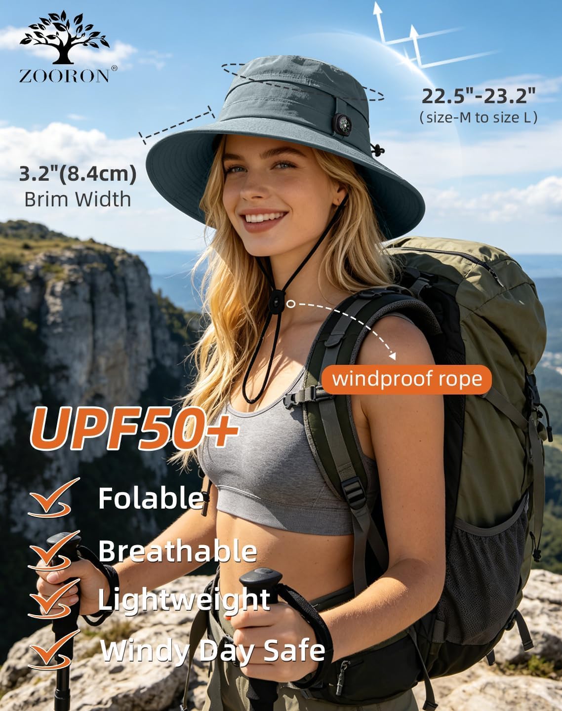 ZOORON Sun Hat for Men Women Detachable Compass, Boonie Hats UPF 50+ Fishing Hat, Lightweight Foldable Bucket Hats