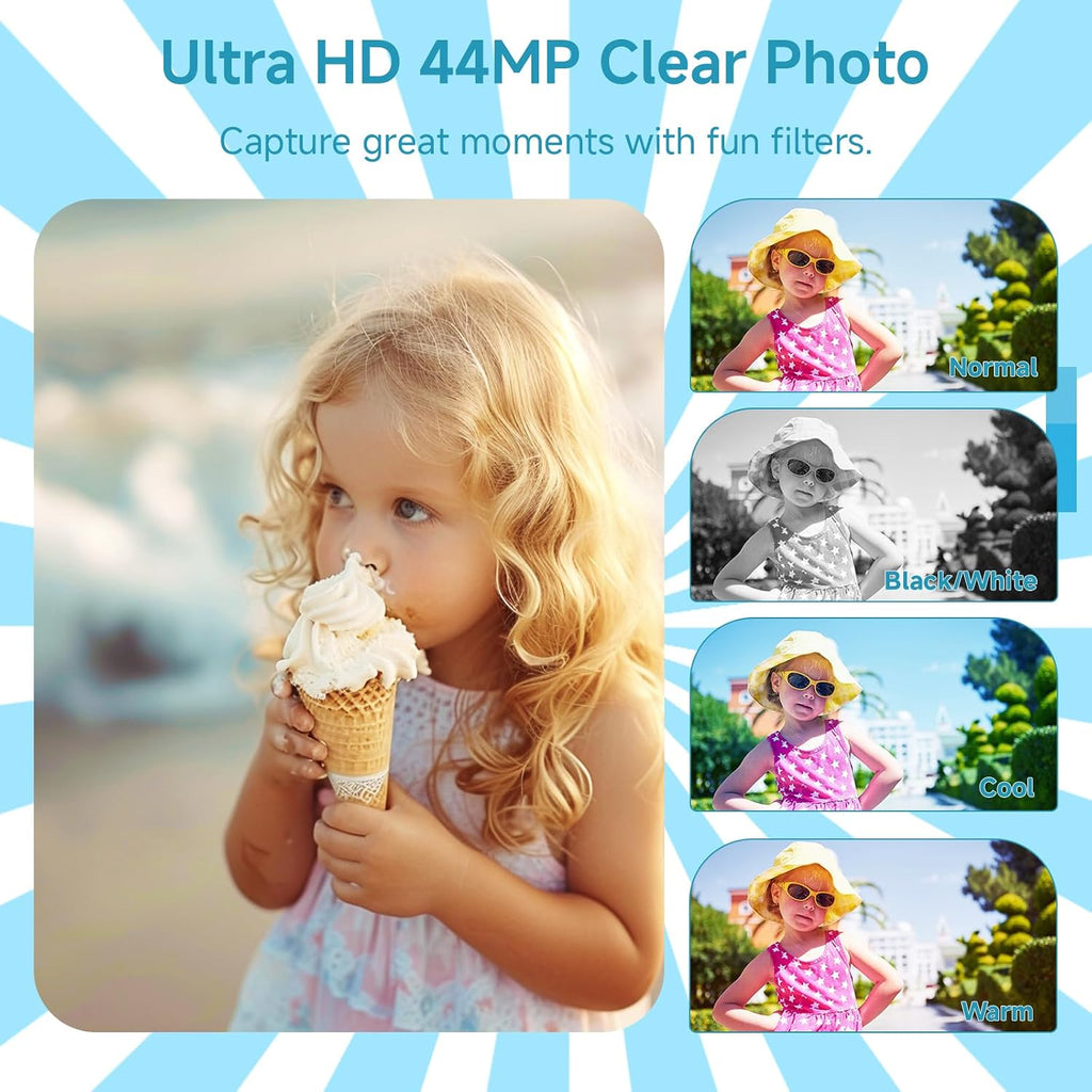 SMARTKLIK Digital Camera for Teens, FHD 4K 44MP with 64GB SD Card, 16X Digital Zoom, Compact Point Shoot Camera Blue