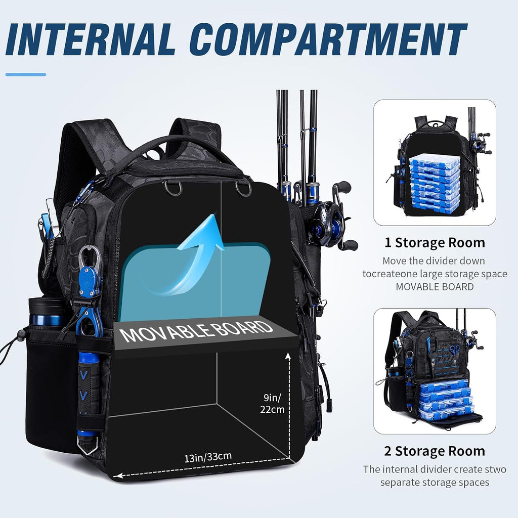 50L Fishing Backpack with Rod Holders, Tackle Box Backpack