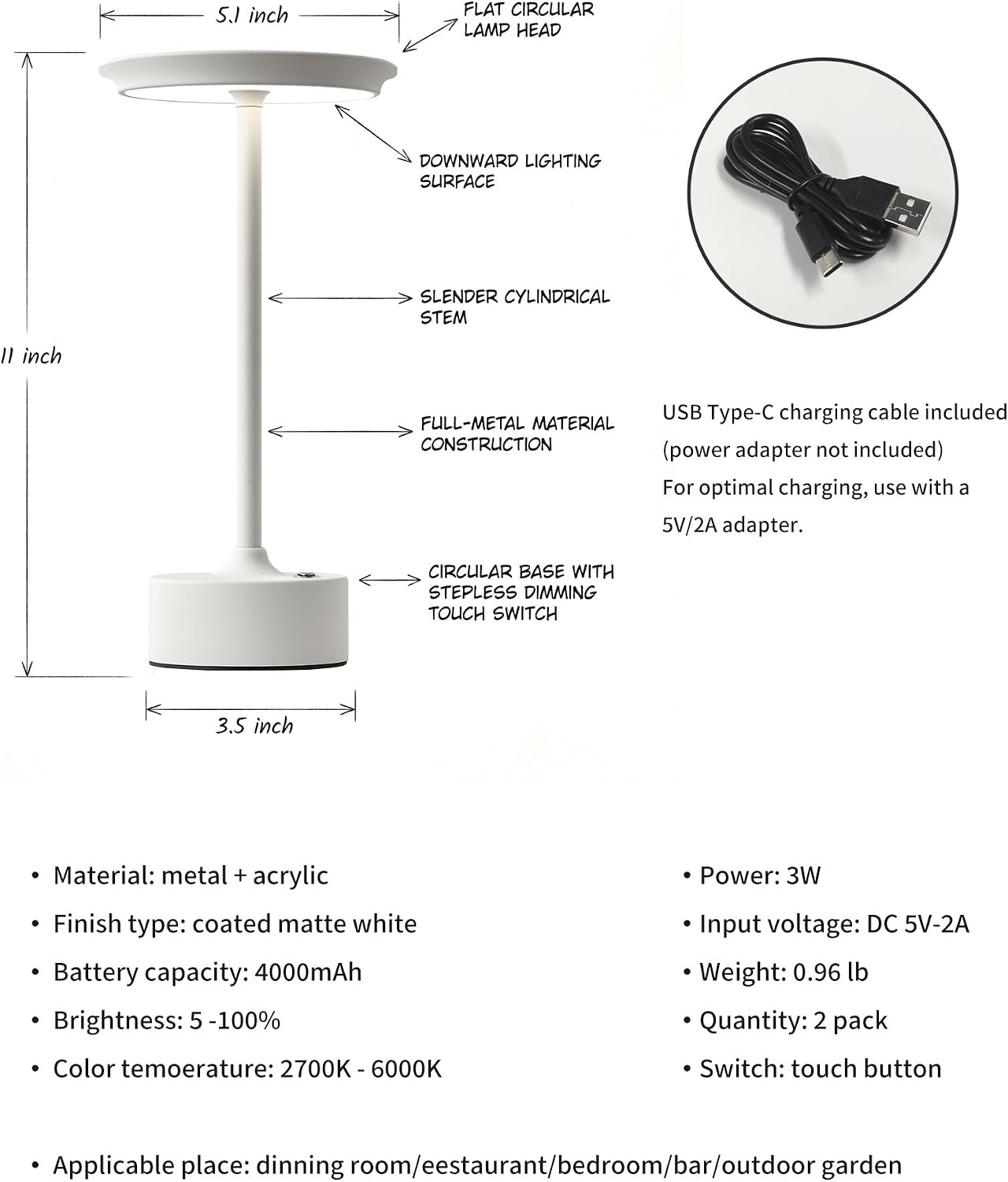 PUSU Rechargeable Table Lamps Set of 2, White Cordless Portable Desk Lamp