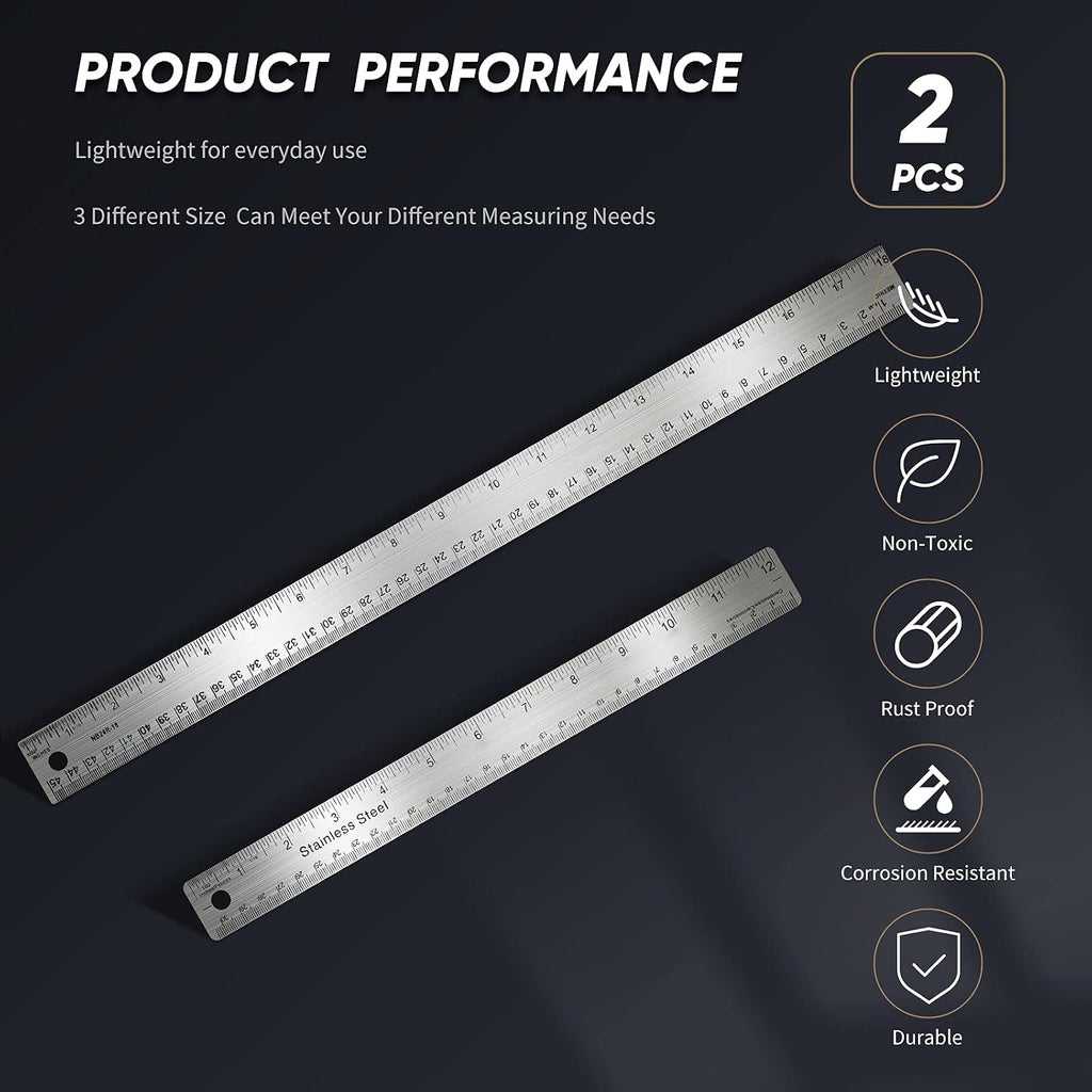 Frienda 2 Pcs Metal Ruler Cork Backed 12+18 Inch Non-Slip Straight Edge