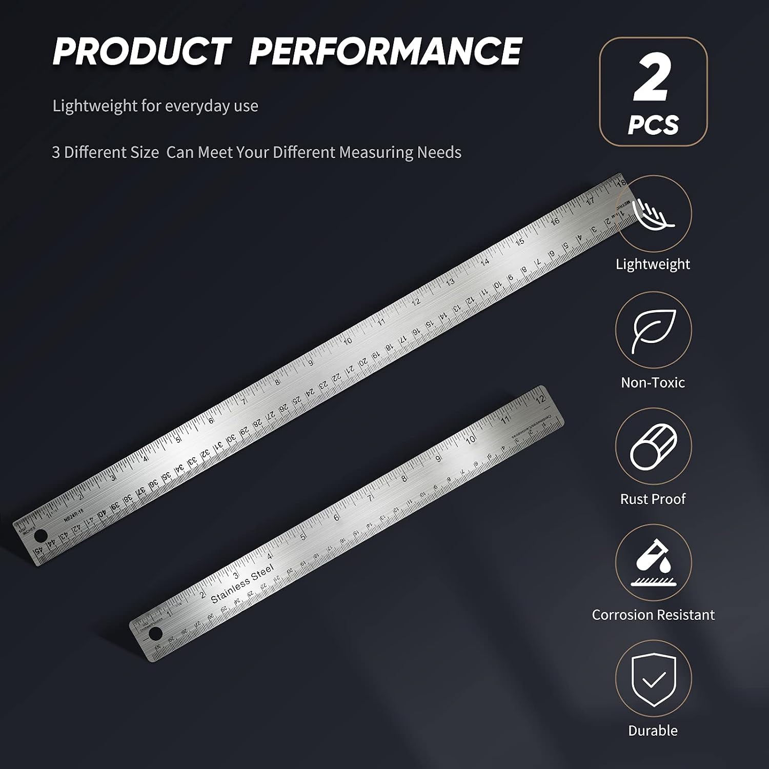 Frienda 2 Pcs Metal Ruler Cork Backed 12+18 Inch Non-Slip Straight Edge