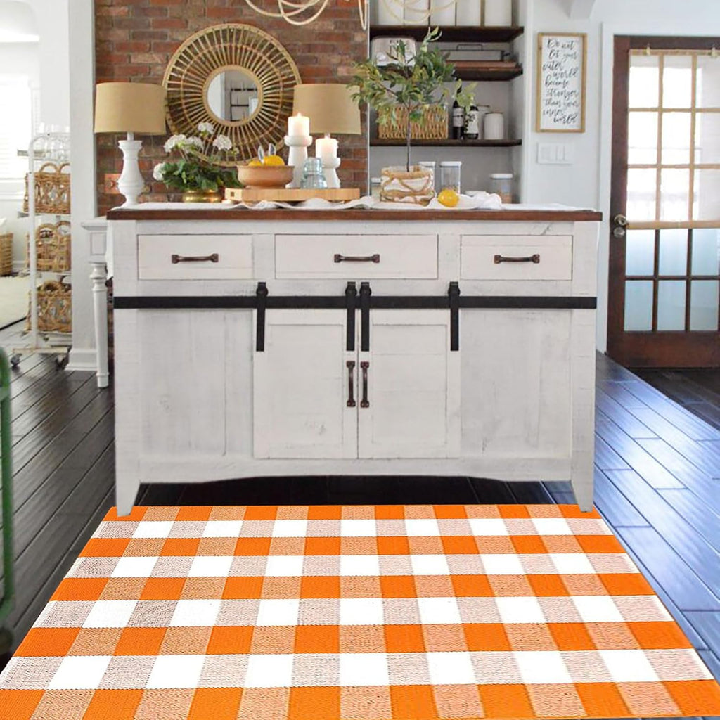 Fall Outdoor Rug Orange Buffalo Plaid Outdoor Rug Cotton Hand-Woven Buffalo Check Rug Layered Doormats for Front Door/Front Porch/Farmhouse/Entryway/Patio(Orange and White Plaid, 3' x 5')