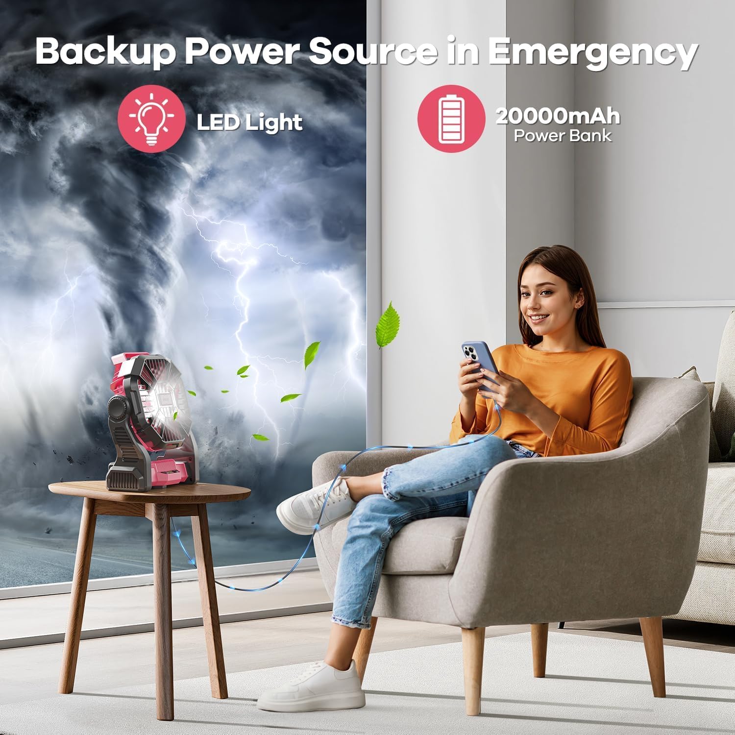 DOWILLDO 30000mAh Portable Battery Powered Camping Fan - with LED Light, Quiet Battery Operated, Camping Gear for Travel, Tent, Beach, Car or Hurricane Power Outages, Pink