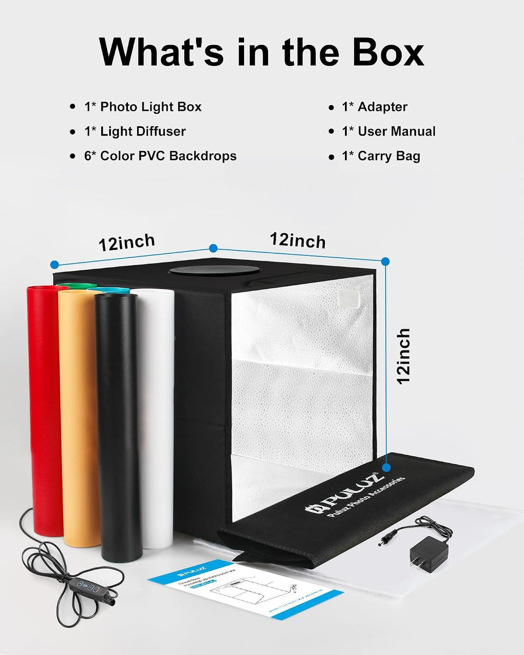 PULUZ Light Box Photography, 12"x12" Professional Dimmable Shooting Tent Kit with CRI >95 White Lighting 120 LEDs Lights + 6 Photo Backdrops for Product Display