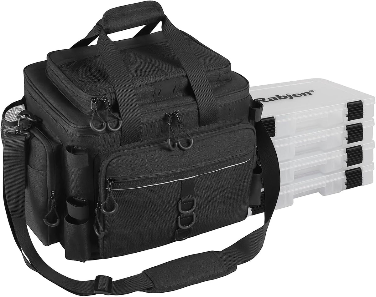 Rabjen Fishing Tackle Bag with Rod Holders & Cooler Main Compartment – Large Capacity Fishing Bag for Organized Gear Storage
