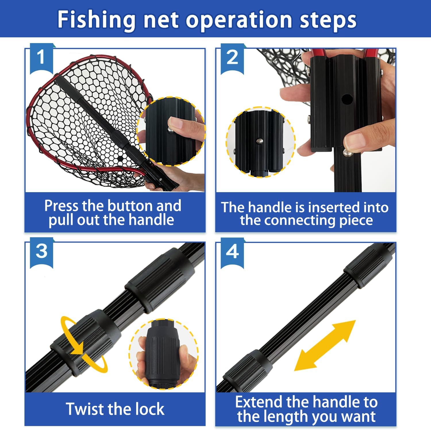 Telescoping Metal Lock Fishing Net with Handle Red Green 64" 52" Rubber Fish Net - Adjustable Length Lightweight Foldable Large Big Collapsible Extendable Fishing Net