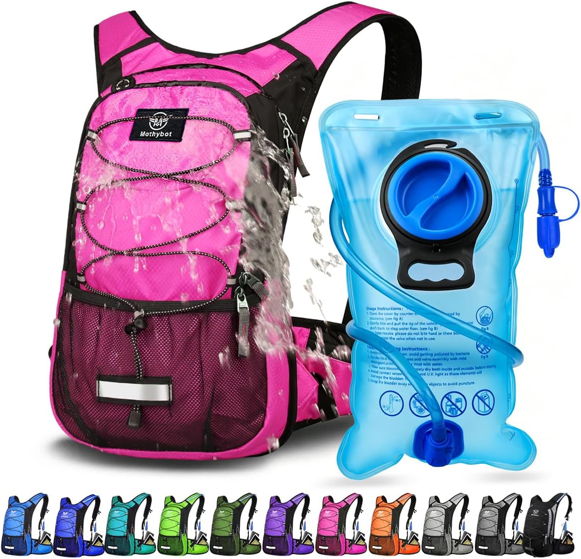 Mothybot Insulated Hydration Backpack Pack with 3L BPA Free Leak Proof Water Bladder, Large Storage Lightweight Hiking Daypack with Waist Pouches & Cooler Layer, for Running, Biking, Camping, Festival