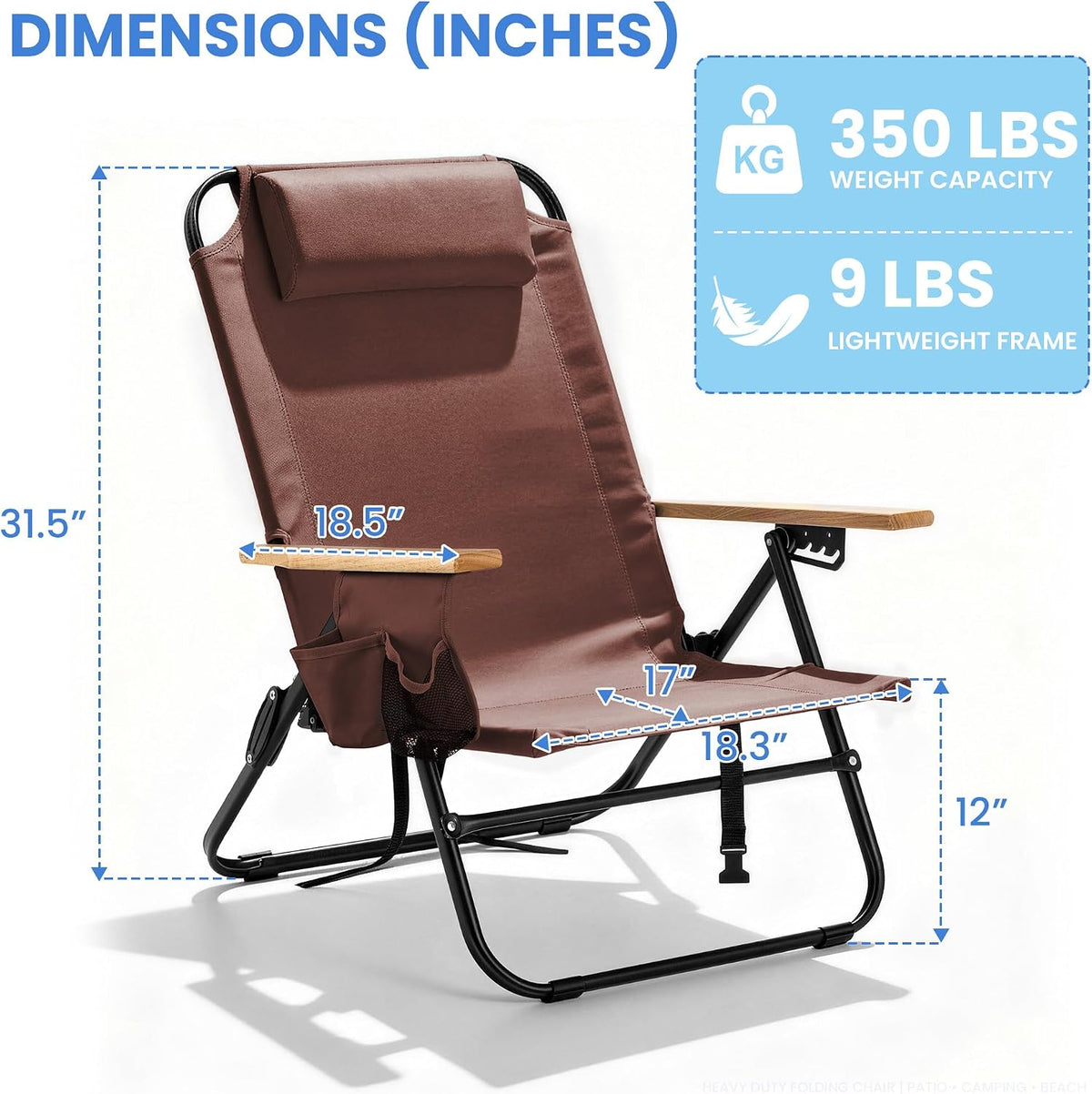 2 Pack Premium 5-Position Reclining Camping Chair - Portable Folding Lightweight Outdoor Chair with Wooden Armrests, Headrest & Pockets, 350lbs Heavy Duty for Beach, Patio, Backyard, Coffee