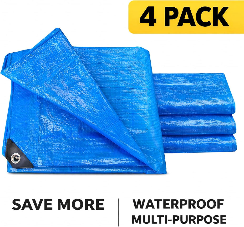 Blue Tarp 8x10 FT (4 Pack), 5 Mil Waterproof Poly Tarp, Reinforced Edges, Upgraded 20" Grommet Spacing, Multi-Purpose Tarpaulin, Cover for Camping, Roof, Yard, Budget Value Pack