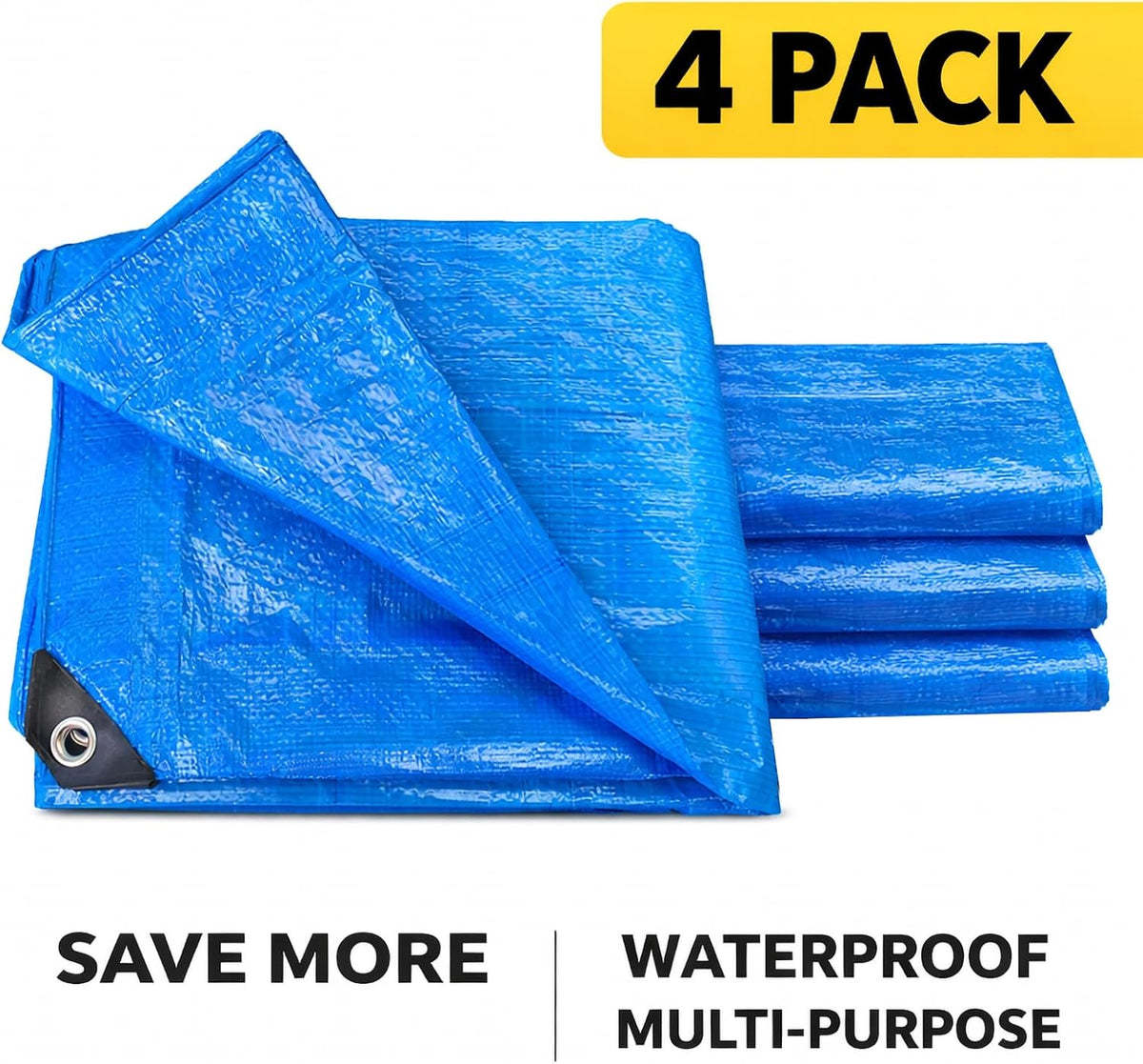 Blue Tarp 8x10 FT (4 Pack), 5 Mil Waterproof Poly Tarp, Reinforced Edges, Upgraded 20" Grommet Spacing, Multi-Purpose Tarpaulin, Cover for Camping, Roof, Yard, Budget Value Pack