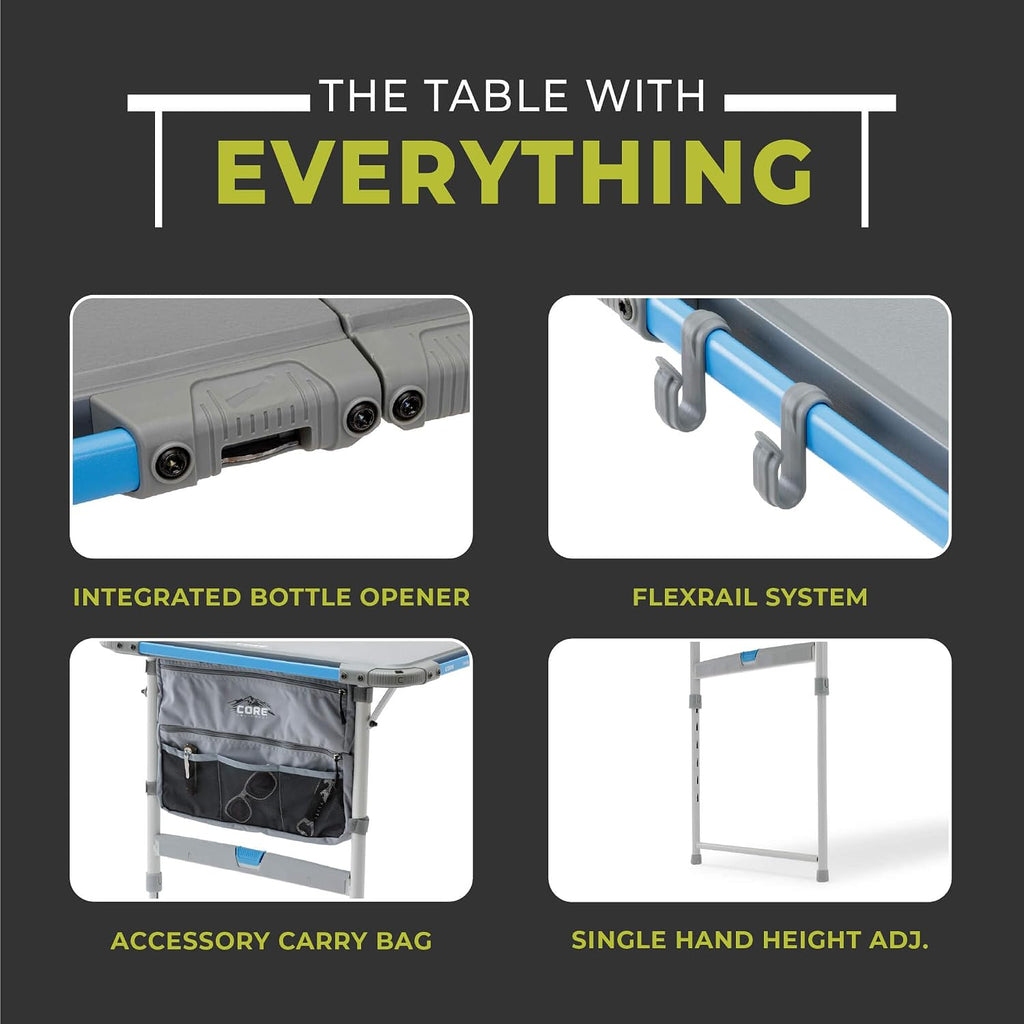 CORE Outdoor Camp Table | 4 Foot Table with Adjustable Height and Storage for Camping Accessories | Foldable & Portable for Beach, Picnic, Backyards, BBQ, Tailgate, Patio and Party