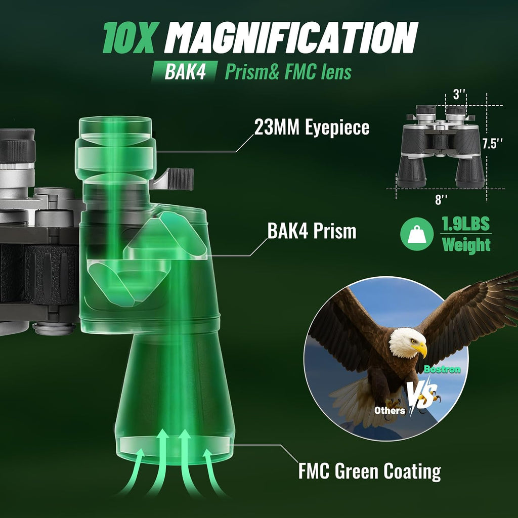 10x50 Binoculars with Independent Eyepiece Adjustment for Outdoor