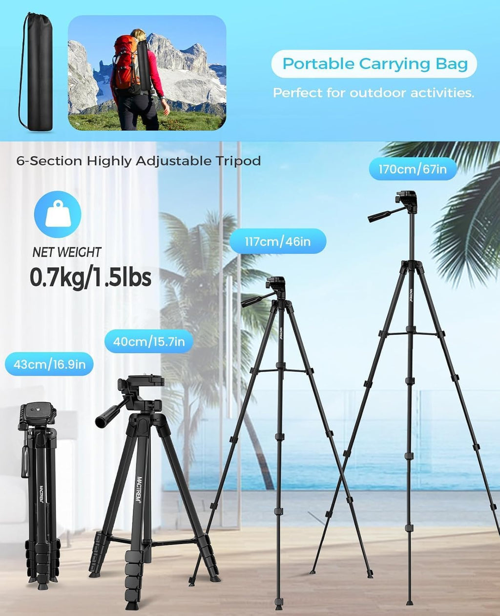 MACTREM 67" iPad Tripod Stand for Tablet Phone Camera with Remote Mount