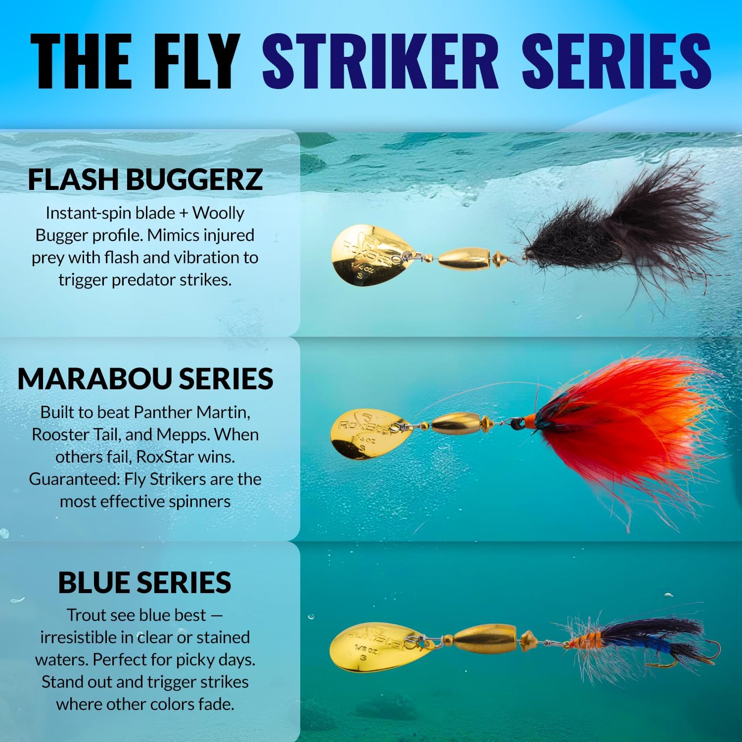 RoxStar Fly Strikers Blue Series - Hand-Crafted in The USA - Proven Nationwide Most Versatile Fishing Spinner for Bass, Trout, Pike, Steelhead- Stop Fishing Start Catching