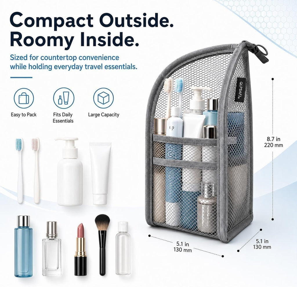 Mesh Zipper Toiletry Bag for Travel Storage Pouch Multi-pocket Travel Cosmetic Bathroom Count Hanging Organizer Portable Standing Makeup Foldable Clear Waterproof EVA Large Capacity(4pc)