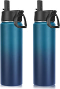 Neihepal 22 oz Insulated Water Bottles with Leak Proof Straw Lid, Wide Mouth Double Walled Vacuum Stainless Steel Metal Water Bottle (Dark Night,2 Pack)