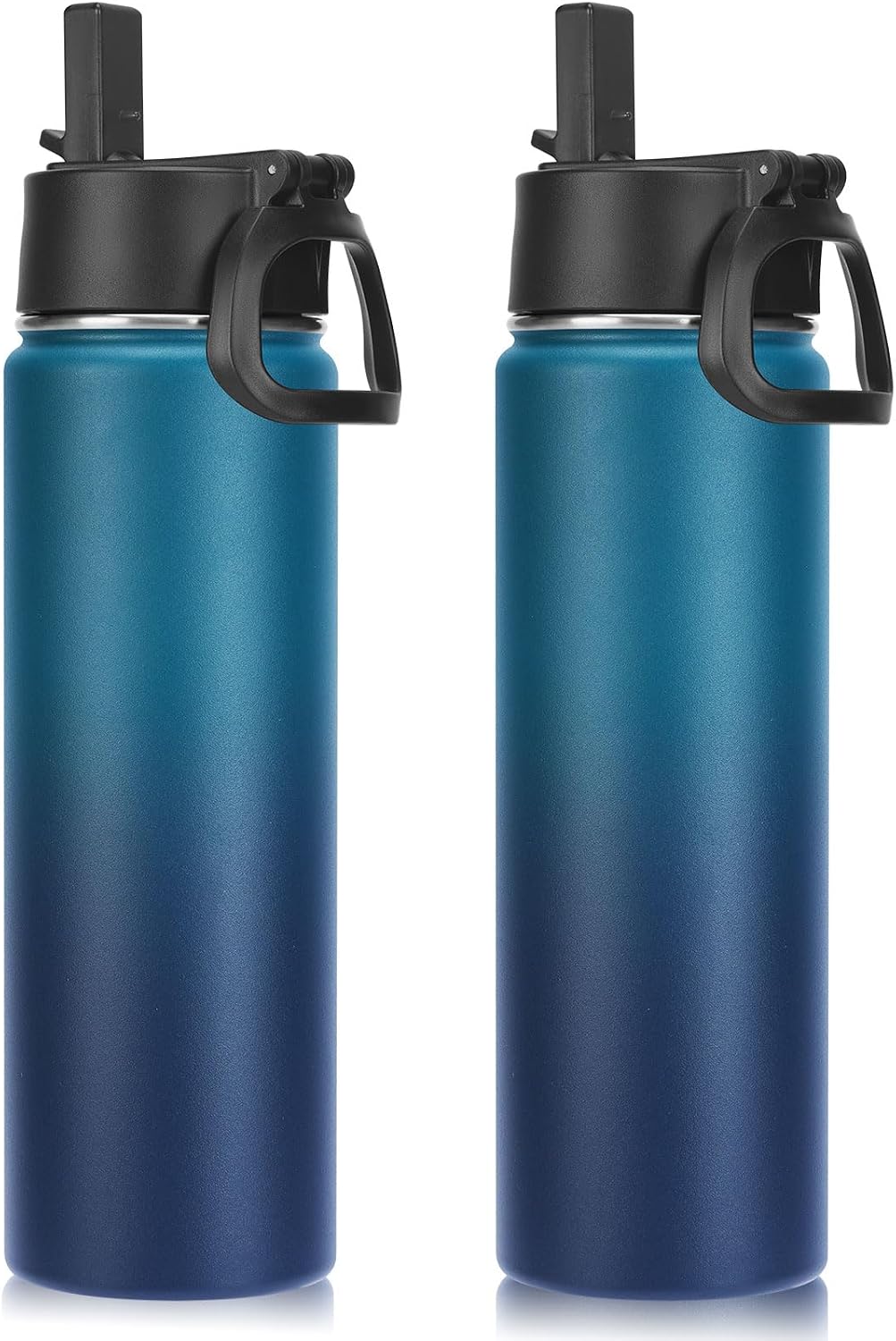 Neihepal 22 oz Insulated Water Bottles with Leak Proof Straw Lid, Wide Mouth Double Walled Vacuum Stainless Steel Metal Water Bottle (Dark Night,2 Pack)