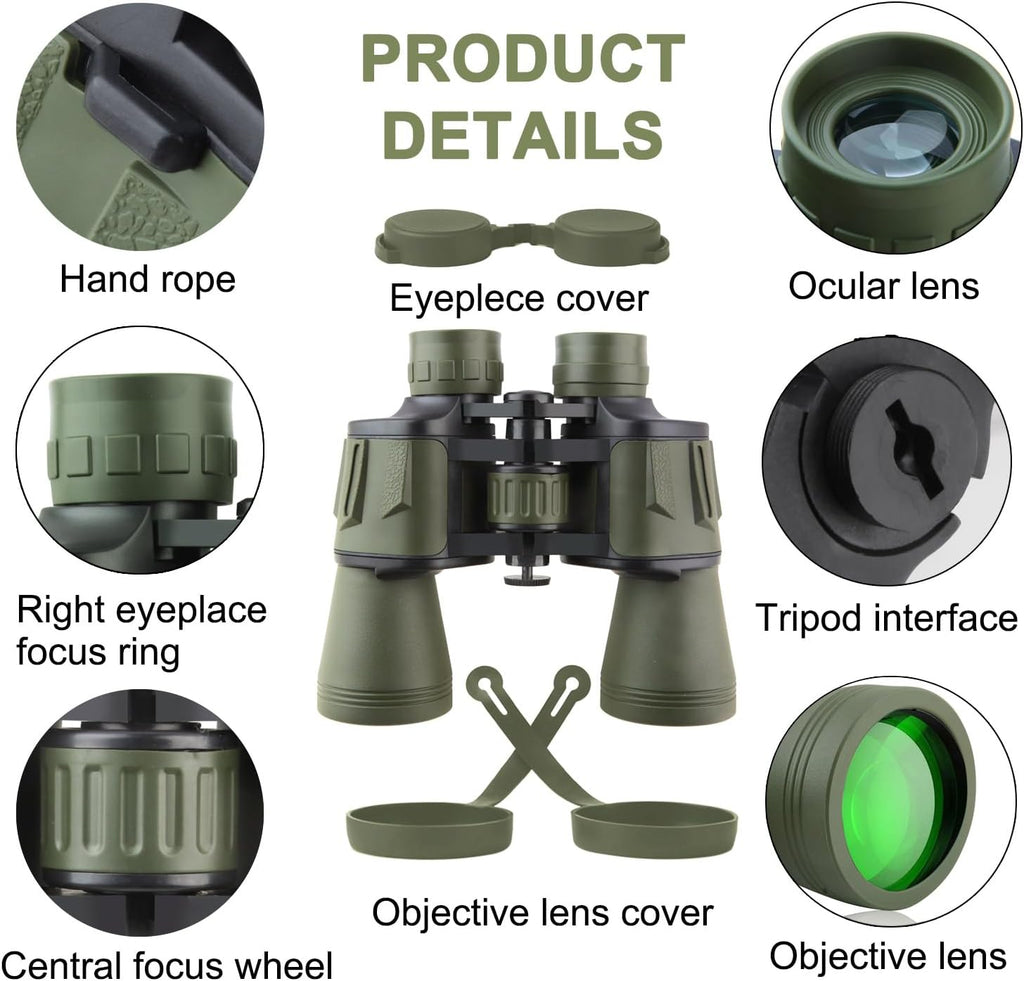 20x50 High Power Binoculars for Adults with Smartphone Adapter, HD Professional/Daily Waterproof Compact Binoculars for Bird Watching Hiking Concert Travel with BAK4 Prism FMC Lens, Green
