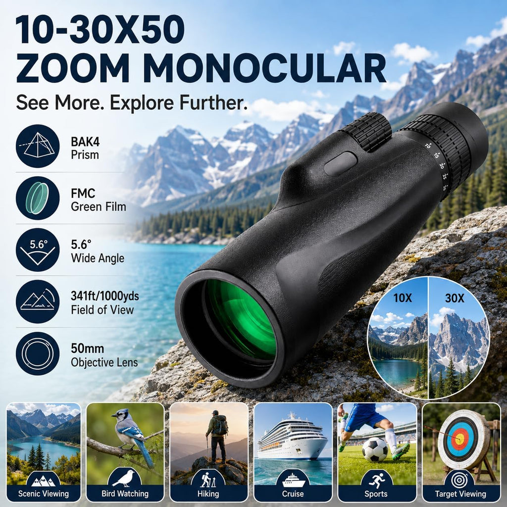 10-30x50 Zoom Monocular Telescope BAK4 FMC Lens for Adults