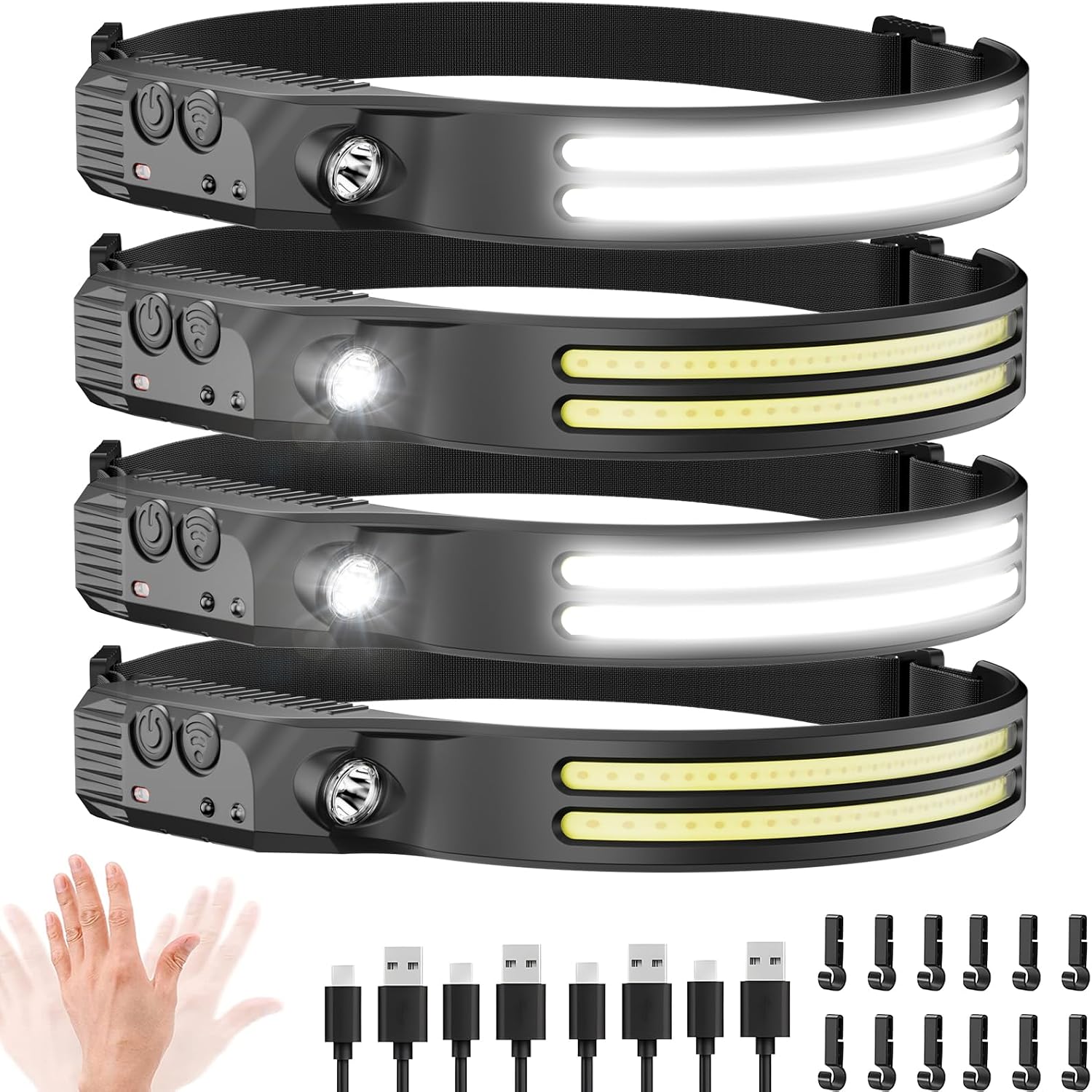 Beccason 4PCS Headlamp Flashlight, 230° Head Lamps LED Rechargeable Camping