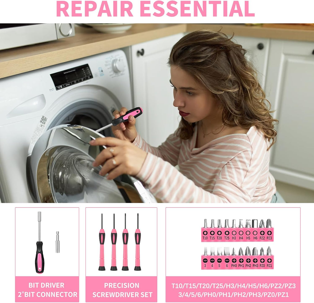 HANGYING 39-Piece Household Tool Set, Pink Tool Kit for Women with Toolbox