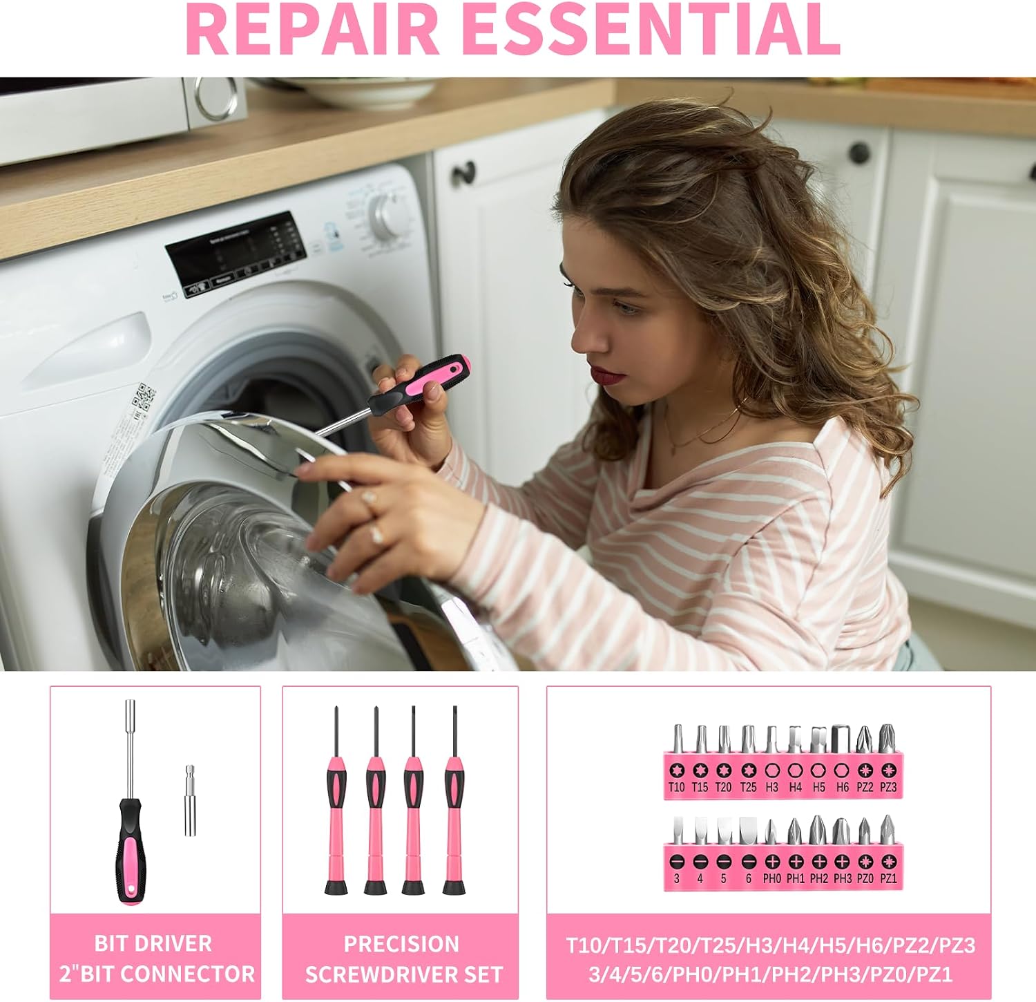 HANGYING 39-Piece Household Tool Set, Pink Tool Kit for Women with Toolbox