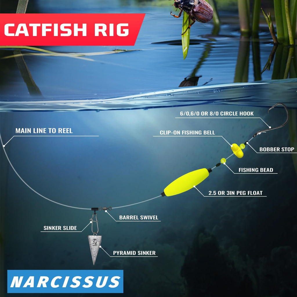 Narcissus Catfish Rigs Set – 6 Pre-Tied Rigs with 2 Sinker Sliders & 2oz Pyramid Sinker, Float Rigs Tackle, Santee Rig, Circle Hooks 6/0 – Complete & Ready-to-Use Kit