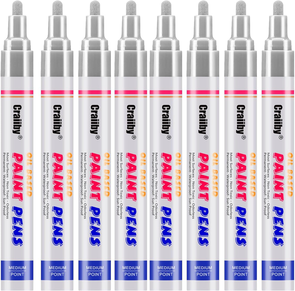 Silver Paint Markers, 8 Pack Oil-Based Waterproof Quick Dry Permanent Paint Pen Set for Rocks Painting, Wood, Fabric, Plastic, Canvas, Glass, Mugs, Metal, Tire, Stone, DIY Craft