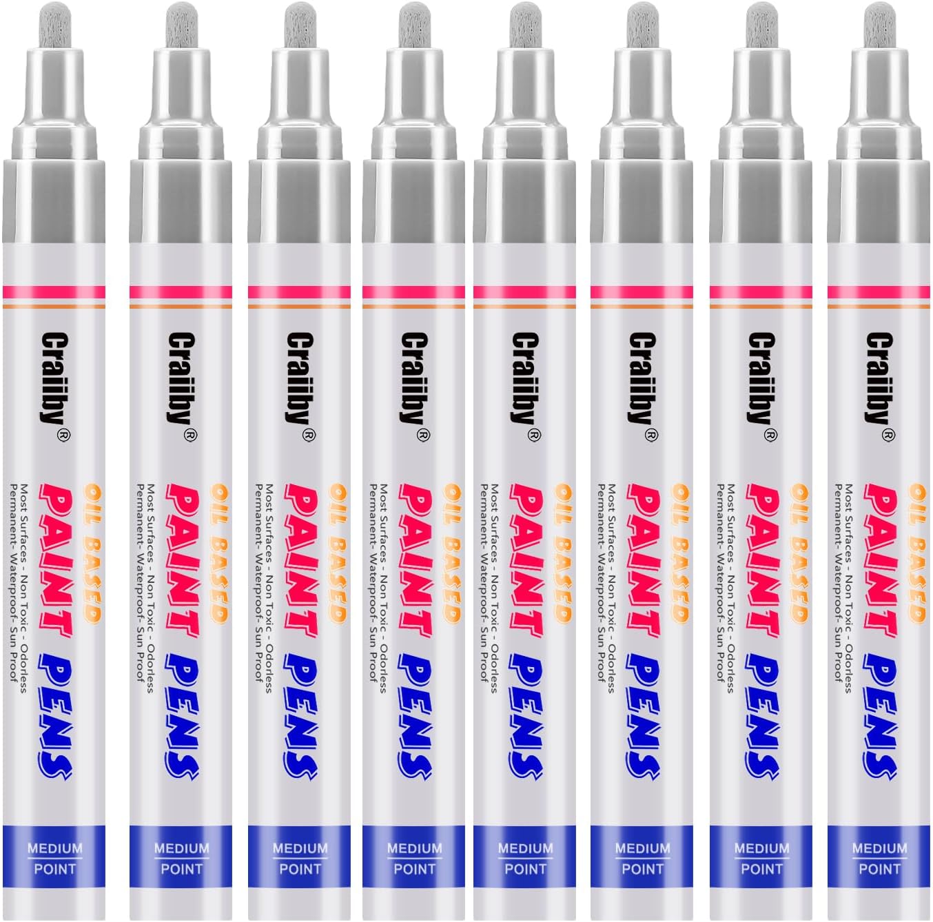Silver Paint Markers, 8 Pack Oil-Based Waterproof Quick Dry Permanent Paint Pen Set for Rocks Painting, Wood, Fabric, Plastic, Canvas, Glass, Mugs, Metal, Tire, Stone, DIY Craft