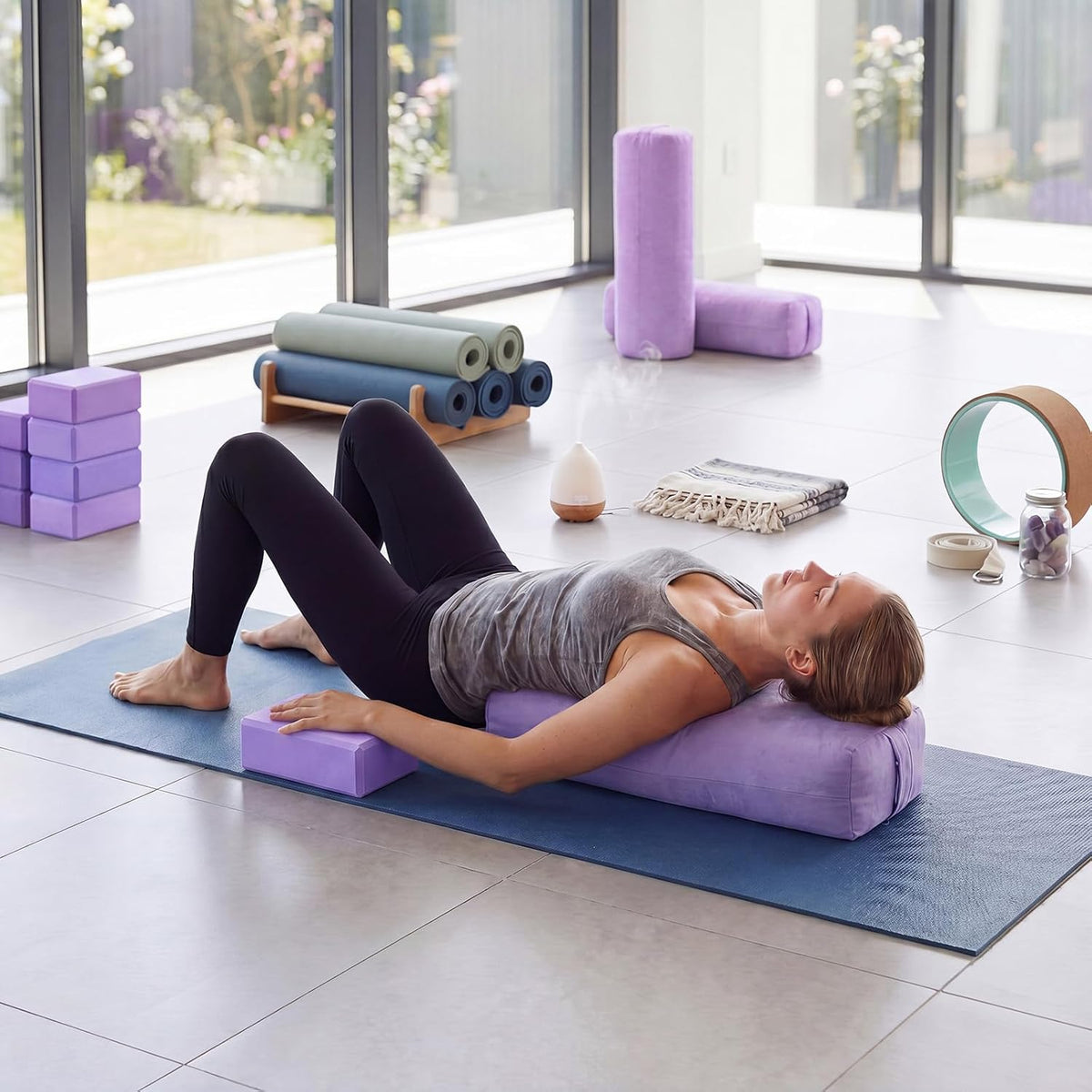 Chalyna 3 Pcs Yoga Bolster Pillow & Yoga Blocks Set Stretching and Back Support Lightweight Foam Blocks Portable Handle Soft Non-slip Surface Reusable for Pilates Meditation Balance Purple