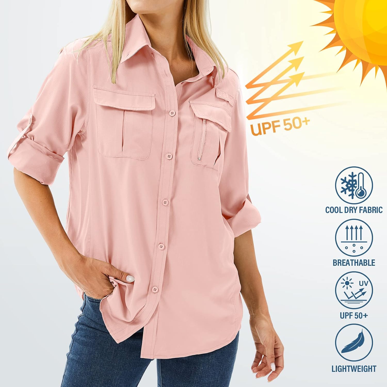 Women's UPF 50 Long Sleeve Sun Protection Safari Fish Hiking Shirts