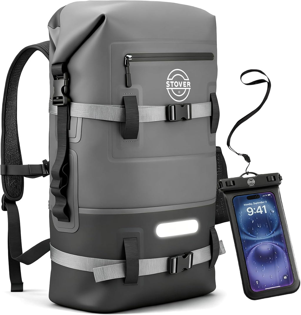 STOVER 30/40/55L Waterproof Dry Backpack & Phone Case- X-Large Floating Dry Bag for Kayaking, Travel, Hiking, Fishing, Camping, Motorcycles & Beach, Heavy-Duty Roll Top Men/Women (Grey)