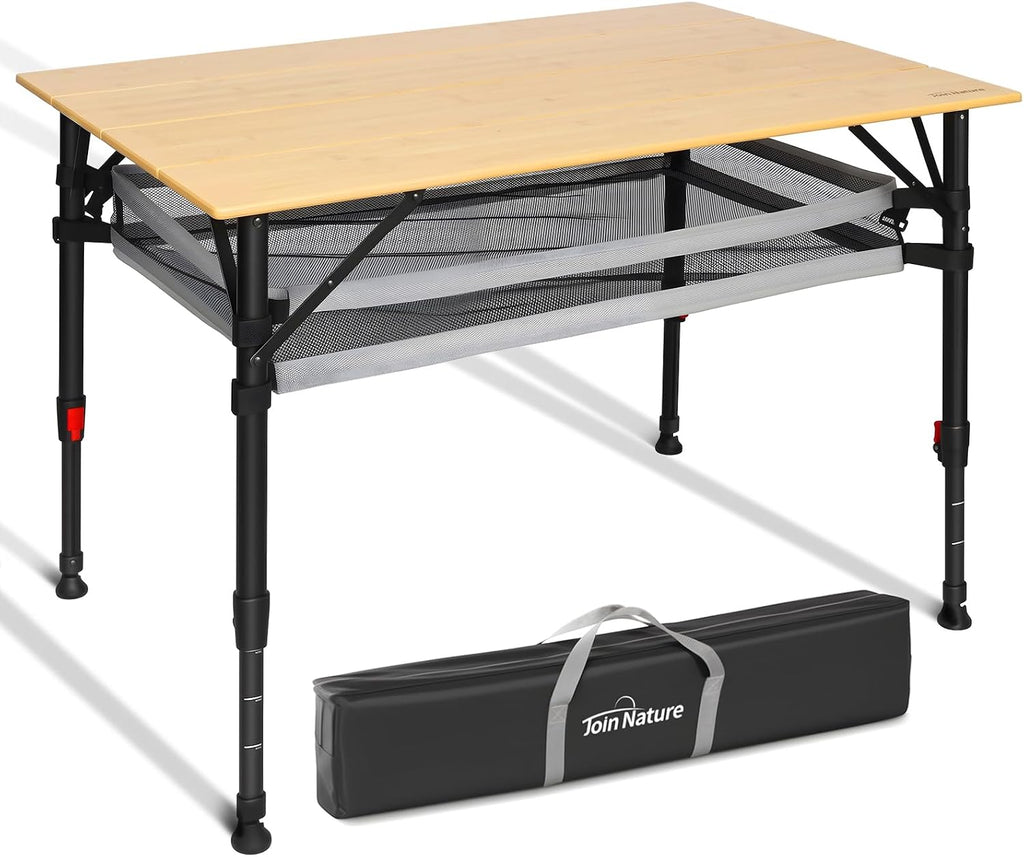 Join Nature Bamboo Folding Camping Table, Aluminum Adjustable Outdoor Table