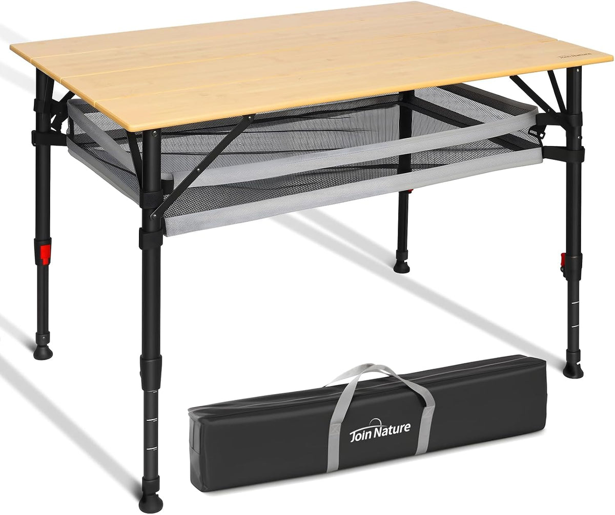 Join Nature Bamboo Folding Camping Table, Aluminum Adjustable Outdoor Table