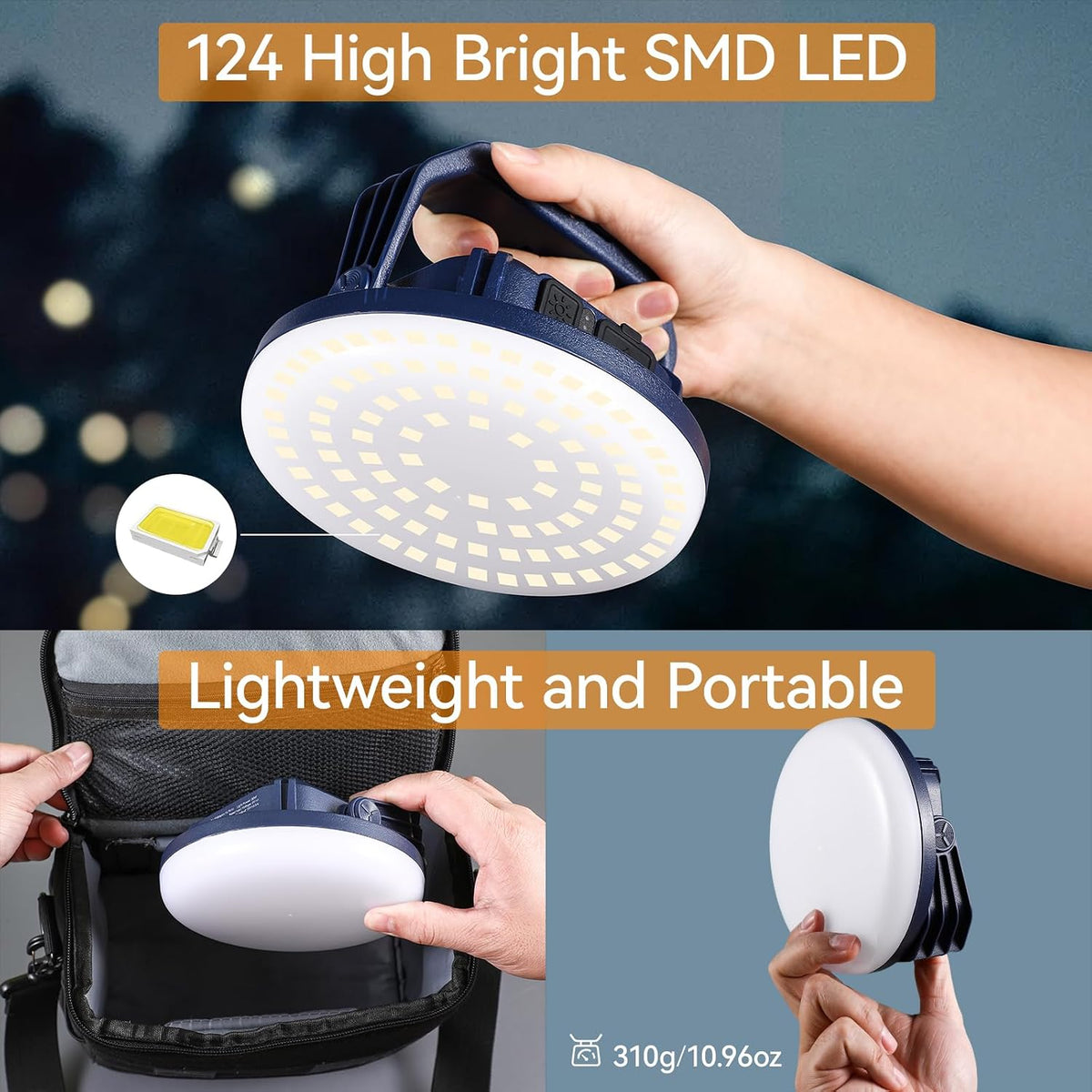 VAVOFO 30W LED Camping Lantern Rechargeable, 3000LM,124 LED with 3 Lighting Modes, 7200mAh Portable Tent Light with Magnet, IP65 Waterproof for Emergencies ,Power Outages,Hurricane (Blue)